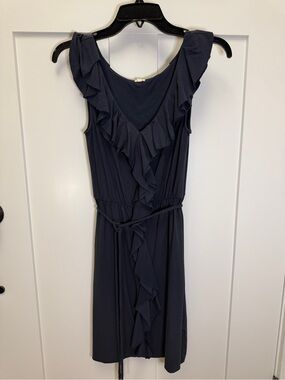 J Crew Women’s Navy Ruffle V-Neck Belted Dress
